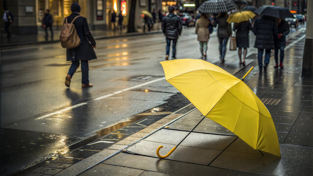 ellow umbrella on rainy sidewalk with people walking