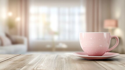 Fototapeta premium Pink polka dot coffee cup on a wooden table with a blurred bright living room background