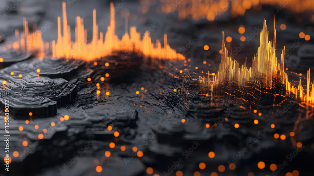 Poster Futuristic landscape with illuminated lines emerging from dark terrain, perfect for technology or data visualization concepts