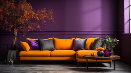 A vibrant fabric corner sofa pops against purple walls in this modern living room. Perfect for a stylish and energetic space.