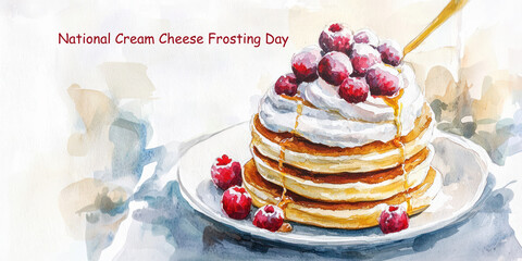 Watercolor illustration of a stack of pancakes topped with cream cheese frosting, raspberries, and syrup for National Cream Cheese Frosting Day.