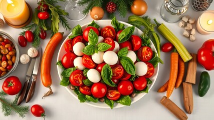 A Christmas table's Caprese delight, featuring roasted vegetables.