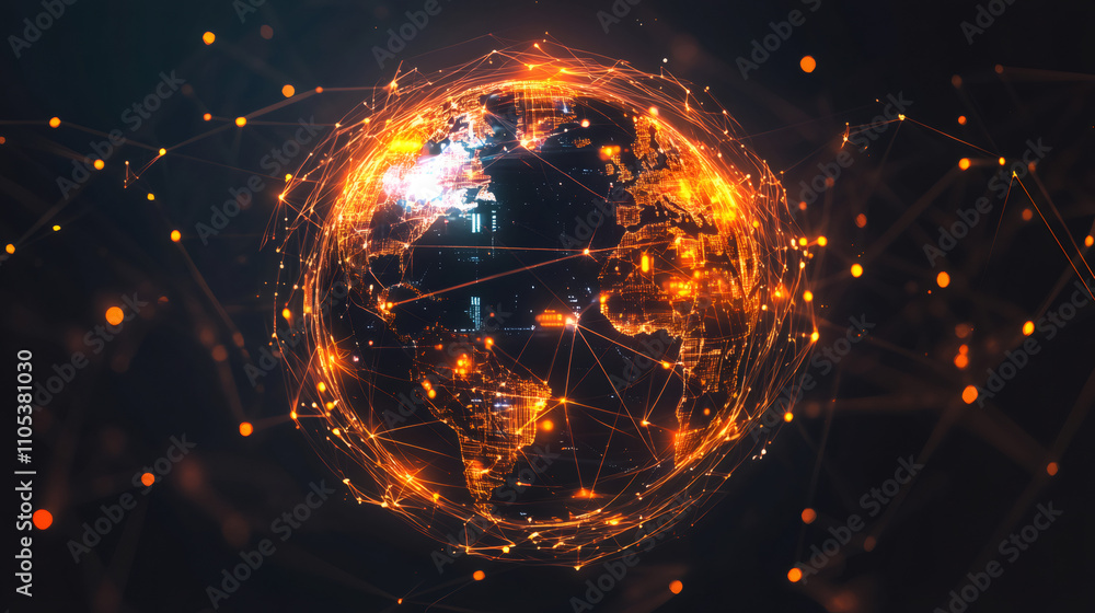 Poster rotating glowing lines connecting global cities, symbolizing worldwide communication and data exchan