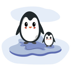 Two cartoon penguins standing on an icy surface in a playful winter setting