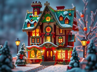 A tilt-shift Christmas house, stylized and miniature.