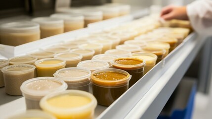 Rows of Plastic Containers Filled with Creamy, Light Brown Substance