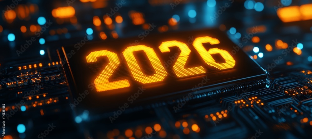 Poster tech circuit with luminous numbers predicting breakthrough year for innovation in 2026.