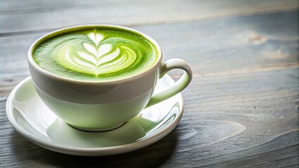 Aromatic Matcha Latte with Delicate Leaf Art in a White Cup on a Wooden Table