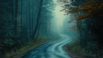 Obraz premium Foggy road winding through a forest, mysterious and quiet, soft and diffused light, nature and solitude, moody and atmospheric.