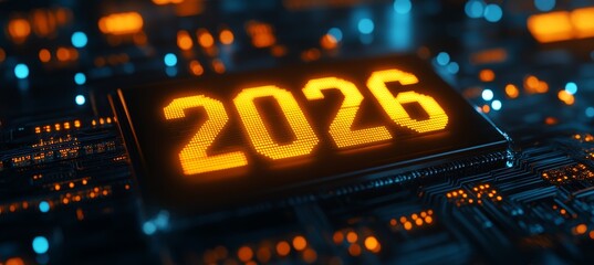 Tech Circuit With Luminous Numbers Predicting Breakthrough Year For Innovation In 2026.