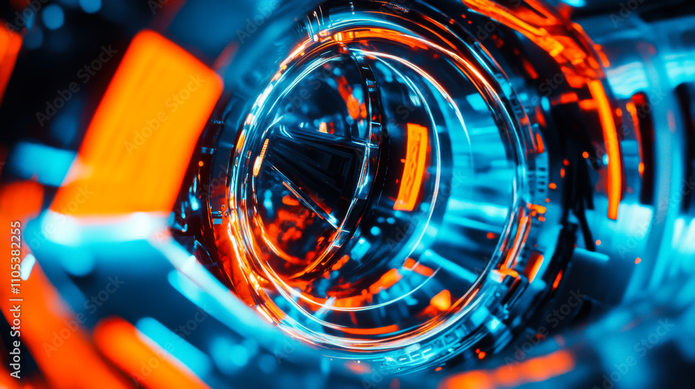 Poster close-up view of a futuristic mechanical structure illuminated with vibrant blue and orange lights i