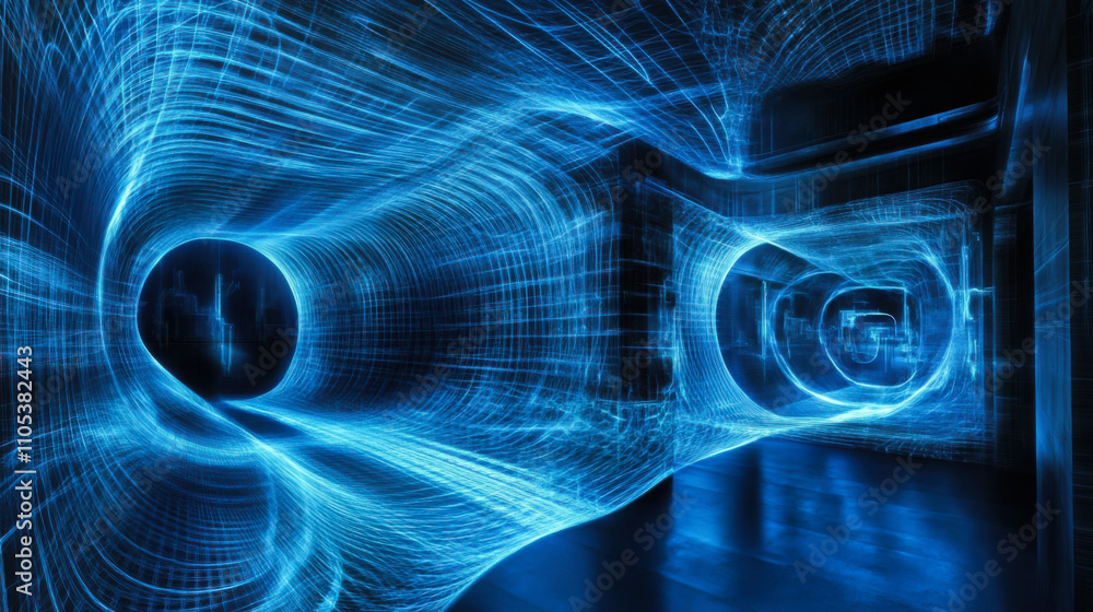 Poster a futuristic tunnel illuminated by vibrant blue light, creating a dynamic and immersive digital atmo