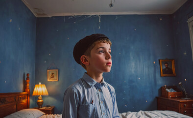 Boy wearing a hat and a blue shirt is sitting on a bed. The room is blue and has a lamp on the nightstand