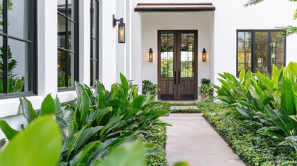 Obraz premium A contemporary home with pristine white walls, dark windows, and a wooden front door.