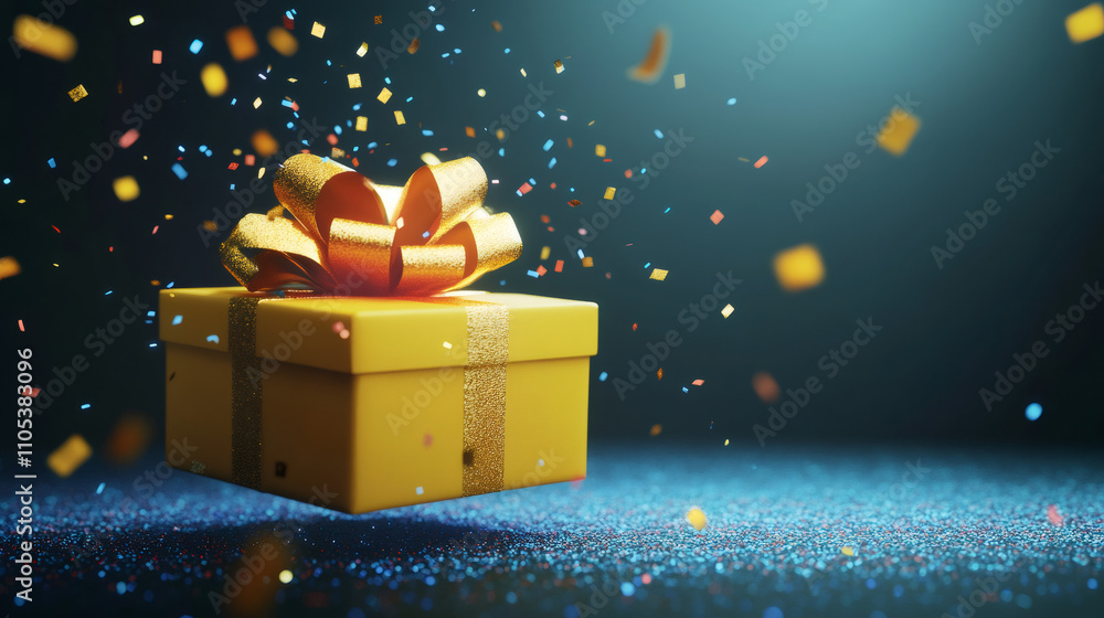 Poster yellow gift box with golden ribbon floating on sparkling background with falling confetti, celebrati