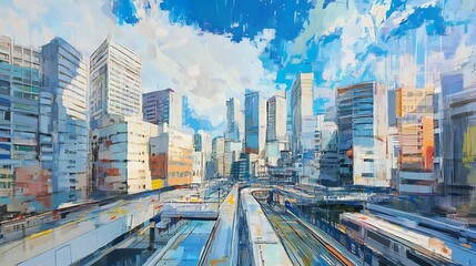 Modern Cityscape with Sky Train and Blue Skies