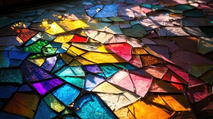 A colorful stained glass window shattered on the floor, with vibrant fragments scattered in an artistic pattern.