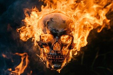 Intense flames engulf a human skull, creating a dramatic and eerie spectacle against a dark backdrop