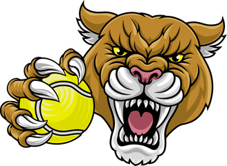 Cougar, panther, mountain lion or puma wildcat cat tennis sports team mascot holding a ball
