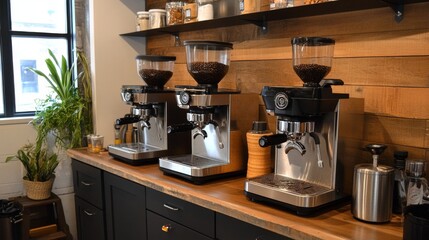 Three Commercial Espresso Machines on Wooden Countertop
