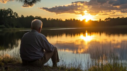 Older man enjoying a peaceful sunset by the lake