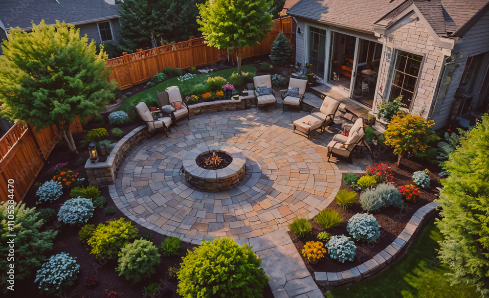 Poster large patio with a fire pit and a circular patio. there are several chairs and a bench