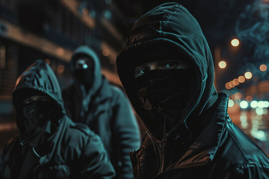 Generative AI Image of Criminal Gang in Dark Hooded Attire with Masks in a Mysterious Setting