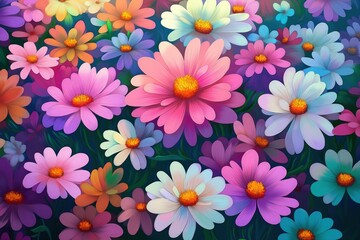 Obraz premium Colorful flowers fill image. Vibrant flower petals create beautiful pattern. Various colors blend together in artistic fashion. Array of colors fills picture in floral design. Many colorful flowers