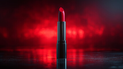 A luxurious red lipstick standing upright on a glossy dark surface with sunlights. The rich crimson color of the lipstick contrasts beautifully with the sleek metallic tube.