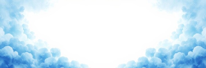 Obraz premium Abstract blue background with symmetrical watercolor clouds frame and white glow in the middle, copy space, frame