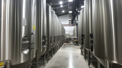 Rows of Stainless Steel Tanks in an Industrial Facility