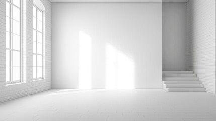 Fototapeta premium Empty white room mockup with large windows, stairs. Simple design for product display render. Modern style interior suitable for architectural visualization design portfolio. Blank space suitable for