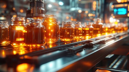 Glass Jars Filled with Liquid on a Conveyor Belt in a Factory Setting