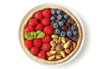 Chocolate Tart Topped With Raspberries Blueberries Almonds And Pistachios