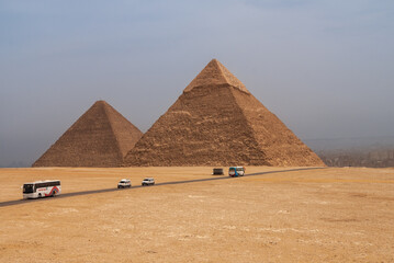 Pyramids of Khafre (Khafre) and Mikerin (Menkaura) against background of blue spring sky. Close-up....