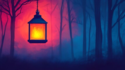 Mystical Forest Night Scene Hanging Lantern Trees Fog Sunset