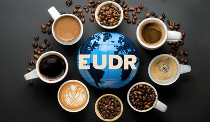 Wording EUDR on earth globe with cup of coffee and roasted coffee beans on dark background. Concept for EU Deforestation or EUDR, regulation environmental policy and drinking coffee in European Union