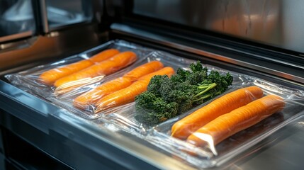 Vacuum-Sealed Carrots and Green Leafy Vegetables in Refrigerator Drawer