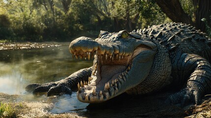 Obraz premium A crocodile with its mouth open, showing sharp teeth, resting near a pond in a controlled farm habitat.