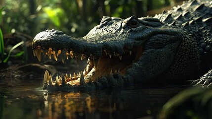 Obraz premium A crocodile with its mouth open, showing sharp teeth, resting near a pond in a controlled farm habitat.