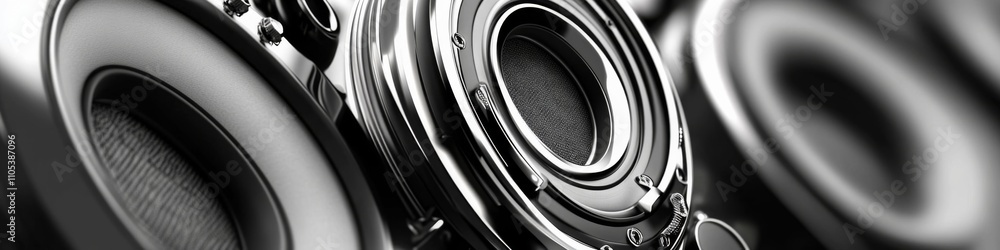 Poster close-up view of modern speaker components showcasing intricate design and engineering details in a 