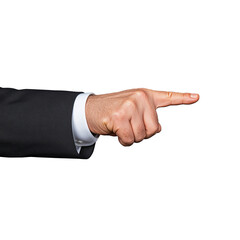 Obraz premium Pointing hand gesture in formal attire on transparent background