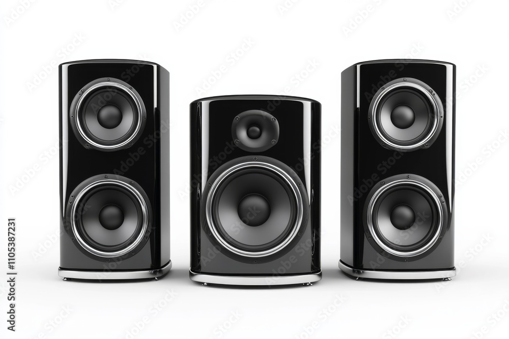 Poster three sleek black speakers arranged in a row, showcasing sound technology and modern design in a min