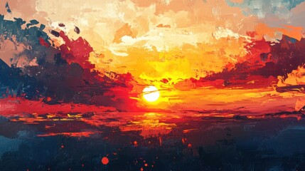 Vibrant sunset painting with fiery clouds and a bright sun.
