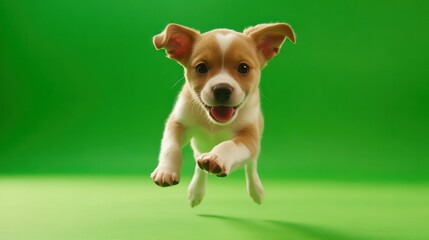 A playful puppy running with energy, framed by a bold green screen for interactive storytelling