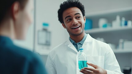 A dentist in a white coat holding a bottle of mouthwash, explaining oral care to a patient in a clinic.