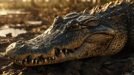 Obraz premium A detailed shot of a crocodile's rough skin, showing the intricate pattern of its scales in a farm setting.