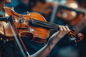 Generative AI Image of a Musician Playing Violin in an Orchestra Performance