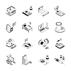 A collection of isometric icons representing various aspects of healthcare
