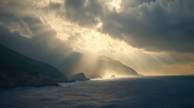 Sunbeams breaking through clouds over a mountain coastline with a rolling sea